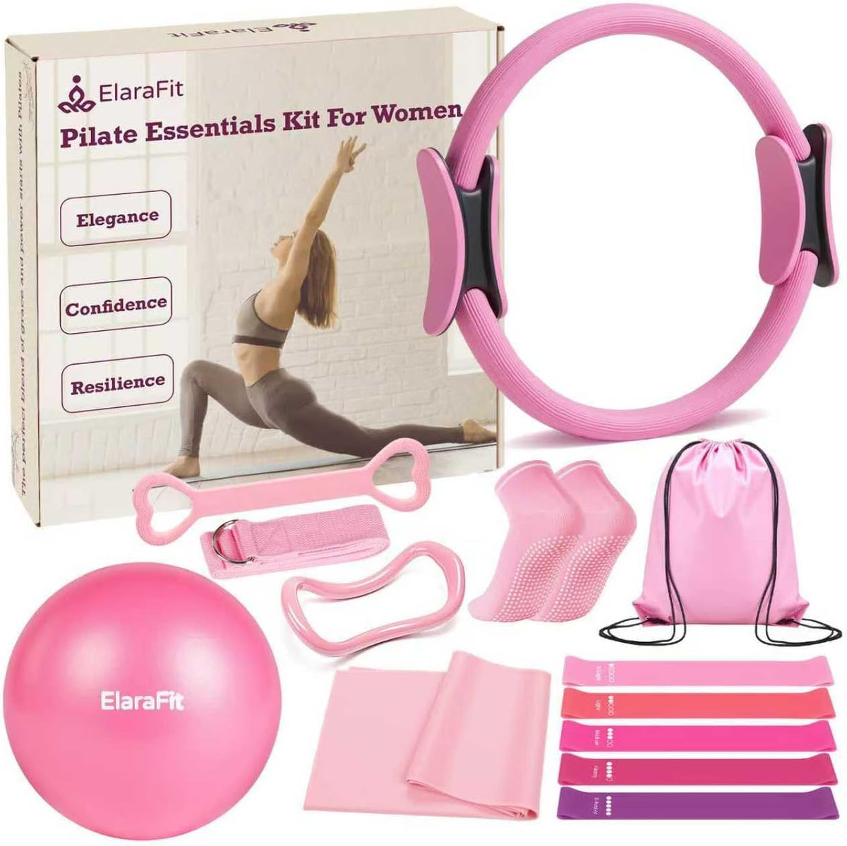 Home Pilates Kit for Women Pilates Equipment Ring and Ball Set Magic Circle Hoop with 5 Resistance Bands Compact Toning Fitness Essentials Starter Set Accessories