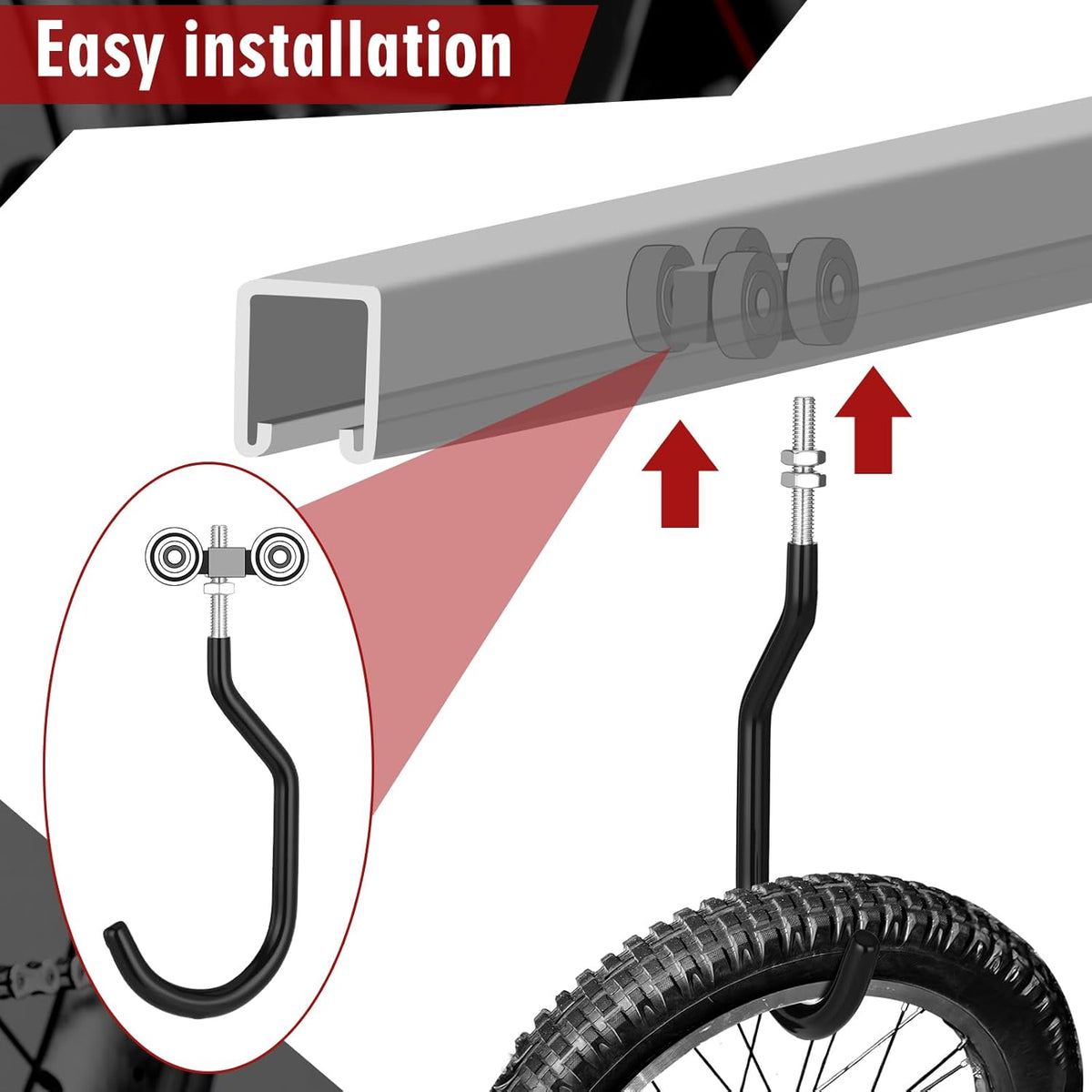 Shimeyao 4 Pcs Machine Thread Bicycle Storage Hook with Nut Heavy Duty Bike Hooks M10 x 1.5 Machine Threading Hook Rubber Coated Bicycle Hanger for Hanging Large Mountain Bike Tire (2.17 Inch,Black)