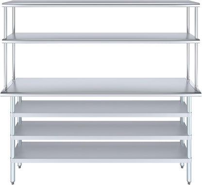 Amgood 14" x 72" Stainless Steel Work Table with 3 Shelves and 12" Wide Double Tier Overshelf | Metal Kitchen Prep Table & Shelving Combo | NSF