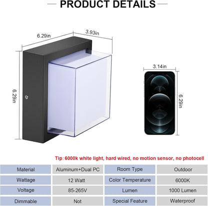 Exterior Wall Lights, Modern Waterproof Outdoor Wall Mount Lighting, Black Square Small Led Porch Light with Anti-Rust 6000K Daylight 12W for Garage, Entryway,House
