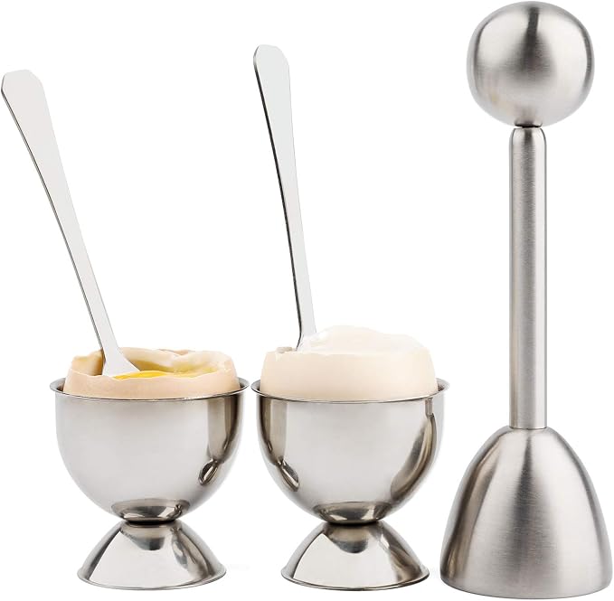 Soft Hard Boiled Egg Cutter Topper Set Egg Cracker with Include 2 Cup 2 Spoon 1 Topper Cutter Shell Separator Remover Stainless Steel Kitchen Tool