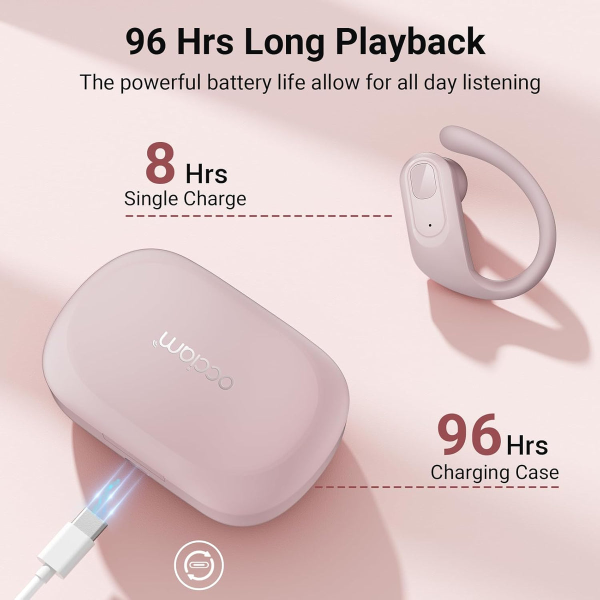 occiam Wireless Earbuds Bluetooth Headphones Ear Buds 96Hrs Playback Sport Over-Ear Waterproof Wireless Headphones Earphones with Earhooks ENC Mics Clear Call for Sport Running Workout Pink