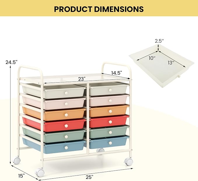Giantex 12 Drawers Rolling Cart, Mobile Storage Drawer Cart, Classroom Organizer Cart for Office School Supplies Tools Scrapbook Paper Craft Small Printer, Utility Cart on Wheels, Macaron