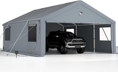 2 Car Carports 20X20 Heavy Duty，Car Ports with 180G Removable Side Walls, Carport Canopy, Portable Car Port Garage, Car Shelter All Weather,Grey