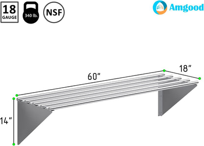 AmGood 18 in. x 60 in. NSF Stainless Steel Tubular Wall Shelf | Heavy-Duty Metal Shelving for Appliances & Equipment | Ideal for Kitchen, Restaurant, Garage, Laundry, Utility Room