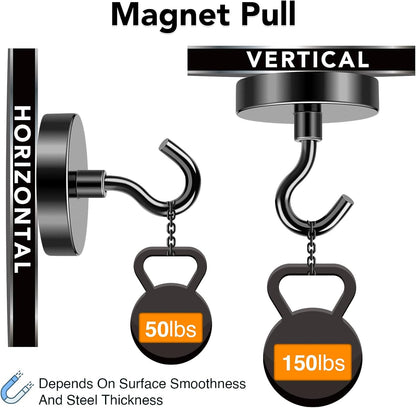 MIKEDE Magnetic Hooks Heavy Duty, 150LB+ Strong Black Magnets Hooks for Refrigerator, Rare Earth Neodymium Hooks with Epoxy Coating, Cruise Magnets with Hook for Hanging, Garage - 6 Pack