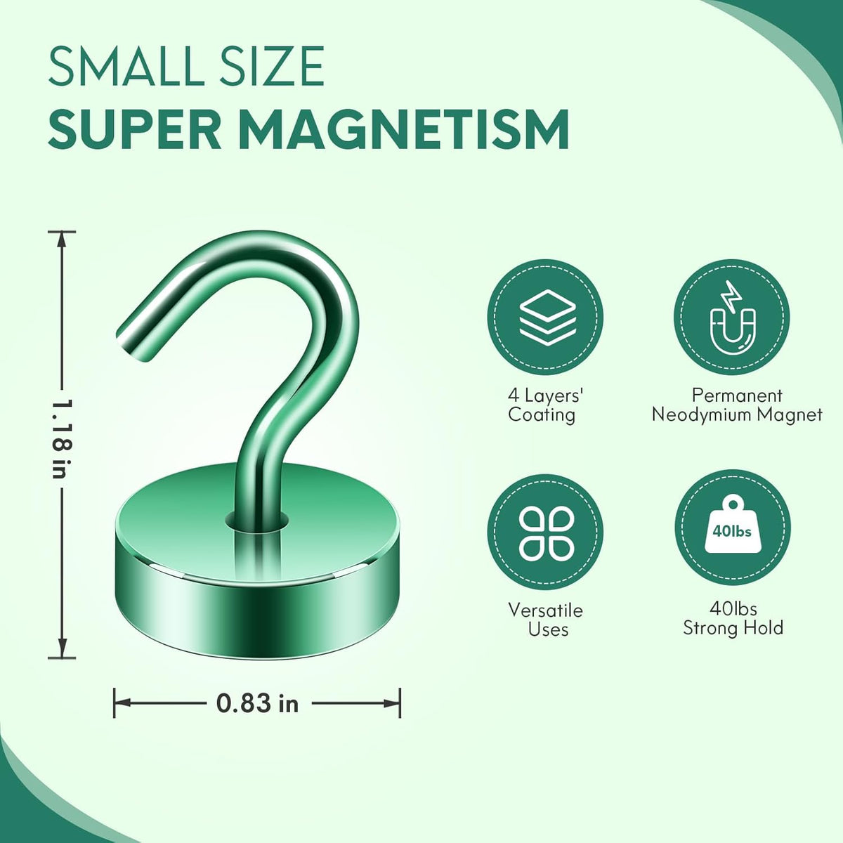 Neosmuk Magnetic Hooks, Cruise Ship Essentials, 40lb+ Heavy Duty Magnetic Hooks for Cruise Cabins, Refrigerator, Grill, Hanging, and Travel | Extra Strong Must-Haves Magnet Hook,Green,Pack of 10
