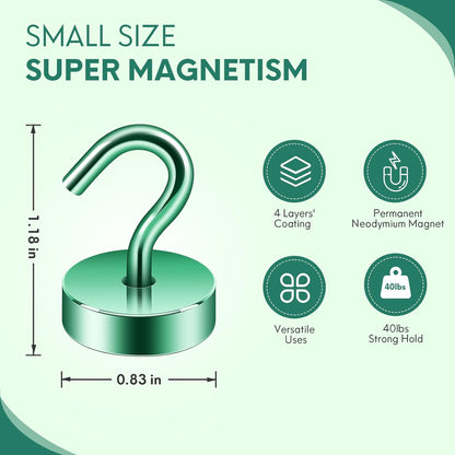 Neosmuk Magnetic Hooks, Cruise Ship Essentials, 40lb+ Heavy Duty Magnetic Hooks for Cruise Cabins, Refrigerator, Grill, Hanging, and Travel | Extra Strong Must-Haves Magnet Hook,Green,Pack of 10