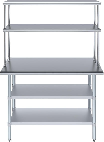 Amgood Stainless Steel Work Table with 2 Shelves | Metal Kitchen Prep Table & Shelving Combo (18" x 48" Table with 2 Shelves + 12" Overshelf)