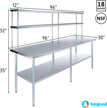 Amgood Stainless Steel Work Table Double Tier Overshelf | Metal Kitchen Prep Table & Shelving Combo (30" x 96" Work Table + 12" Overshelf)