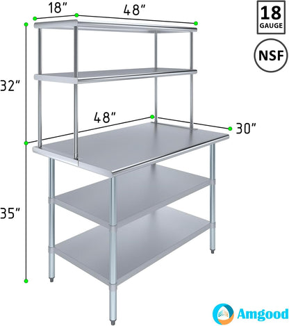 Amgood Stainless Steel Work Table with 2 Shelves | Metal Kitchen Prep Table & Shelving Combo (30" x 48" Table with 2 Shelves + 18" Overshelf)