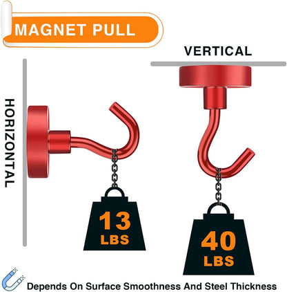 MIKEDE Magnetic Hooks Heavy Duty, 40 Lbs Magnet with Hooks for Cruise Cabins, Strong Magnets Neodymium for Hanging, Magnetic Wall Hooks for Refrigerator, Locker, Workplace(Red, 4 Pack)