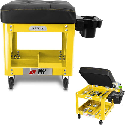 Rolling Creeper Garage Shop Seat for Men, Padded Mechanics Stool with Tool Tray Storage for Garage, Rolling Workshop Stool with Wheels, Auto Creeper Seat, 330 LBS Capacity, Heavy Duty,Yellow
