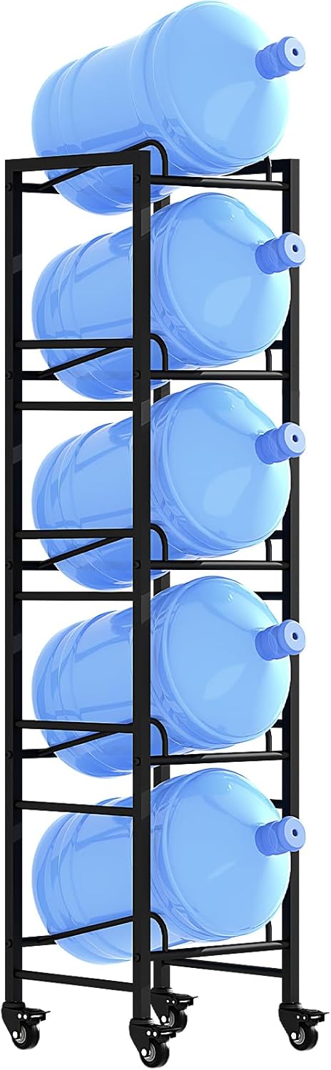 5 Gallon Water Jug Holder, Movable 5 Tier Heavy Duty Water Rack with 4 Wheels, Rack for Water Jug Storage, Space Saving Water Stand for Five 5 Gallon Water Jugs, Black