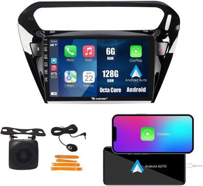 Kunfine Car CarPlay Android Auto Navigation Stereo GPS Radio Reverse Camera Display 9" IPS Touchscreen Headunit Tablet Media Player for Peugeot 301 13-22, if Applicable Octa Core 6G+128G Gloss Black