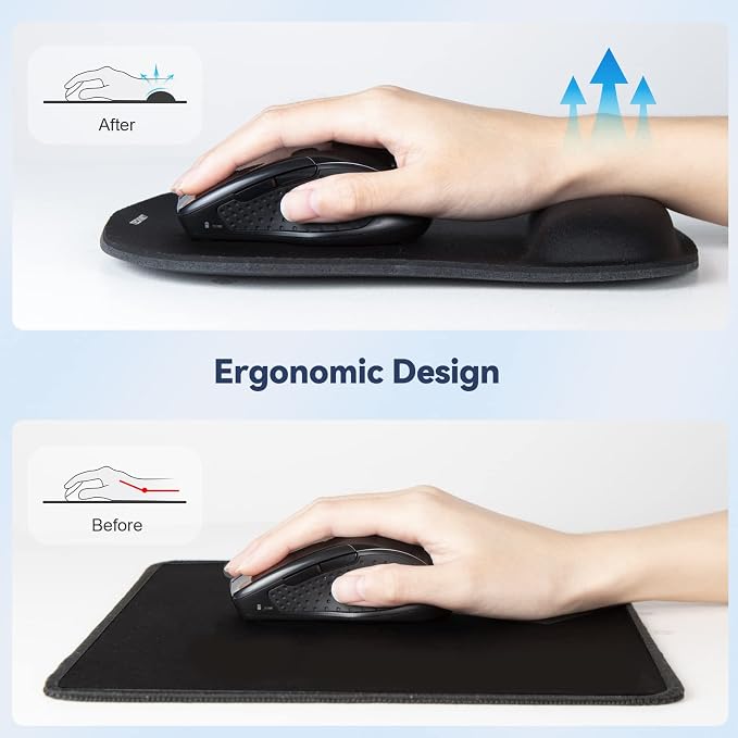 TECKNET 2 Pack Gaming Ergonomic Mouse Pad with Wrist Support Black | Soft Memory Foam, Fast Rebound, Pain Relief，Waterproof Surface, Non-slip Base