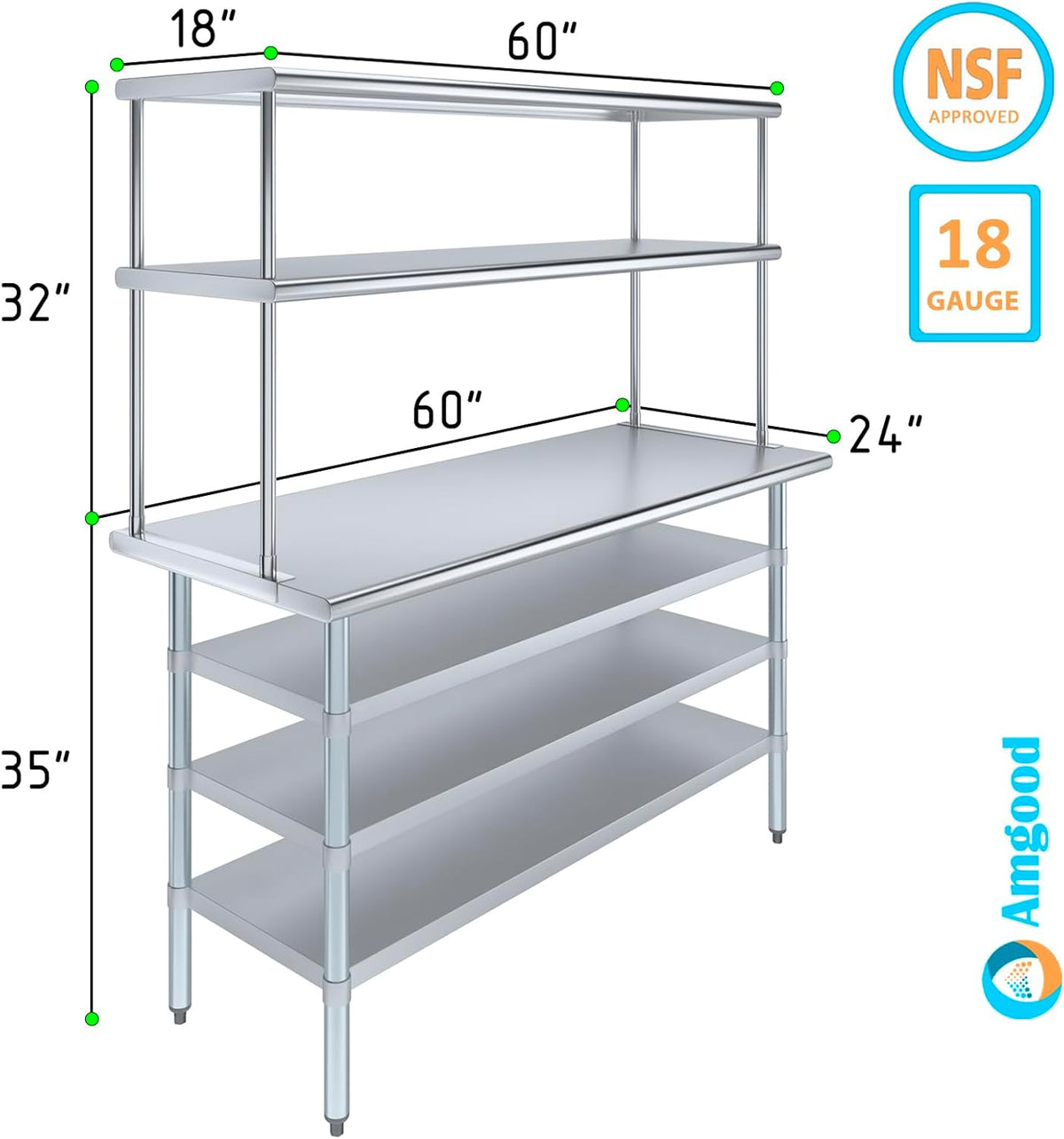 Amgood 24" x 60" Stainless Steel Work Table with 3 Shelves and 18" Wide Double Tier Overshelf | Metal Kitchen Prep Table & Shelving Combo | NSF