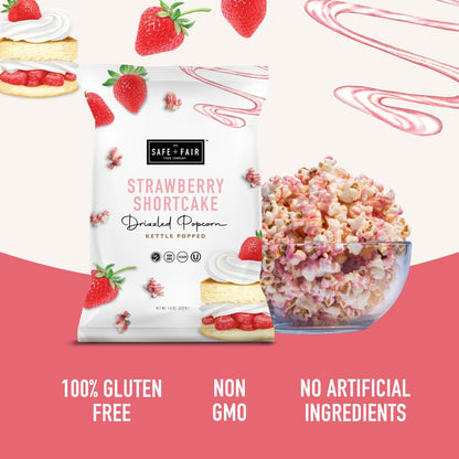 Safe + Fair Plant-Based Gourmet Strawberry Flavored Popcorn - Strawberry Shortcake Drizzled Kettle Corn Popcorn - Non-GMO + Gluten-Free Snacks 5.5oz,6 Pack