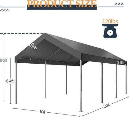 Shintenchi 10x20ft Heavy Duty Carport with UV Resistant Canopy, Powder-Coated Steel Frame, Easy to Assemble Portable Garage, Stable Carport for Car, Bike, Camp, Outdoor Storage (Grey)