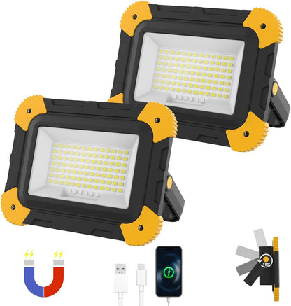 2-Pack Portable Flood Light, 4000mAh Magnetic Rechargeable LED Work Light Battery, 40W Outdoor Waterproof Work Lights Cordless 180° Rotate for Job Site Garage Camping Car Repair, Gifts for Men