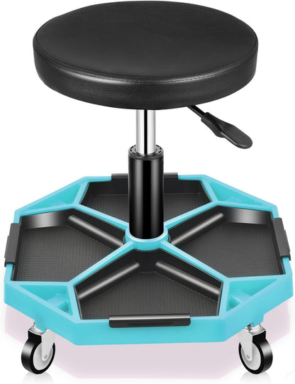 Auto Dynasty Mechanic Stool, Adjustable Rolling Pneumatic Creeper Garage Shop Seat with Tool Tray, 300 LBS Roller Seat for Workshop Auto Repair, Adjustable Height 15.7" to 21", Sky Blue