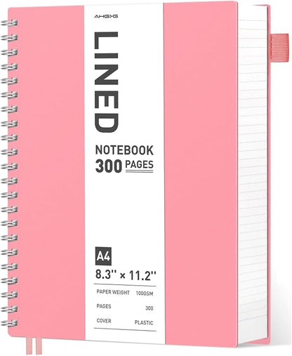 AHGXG Spiral Notebook College Ruled - Spiral Journal Perforated Notebook A4 8.5" x 11", 300 Pages Easy Tear Perforated Pages, 100GSM Thick Paper, Plastic Hardcover, for Writing Work School, Pink