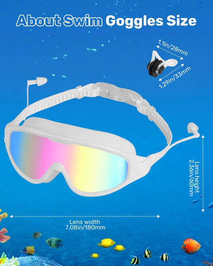 Swim Goggles for Adults, Wide View Anti-Fog & UV Swimming Goggles with Nose Clip & Ear Plugs, No Leak