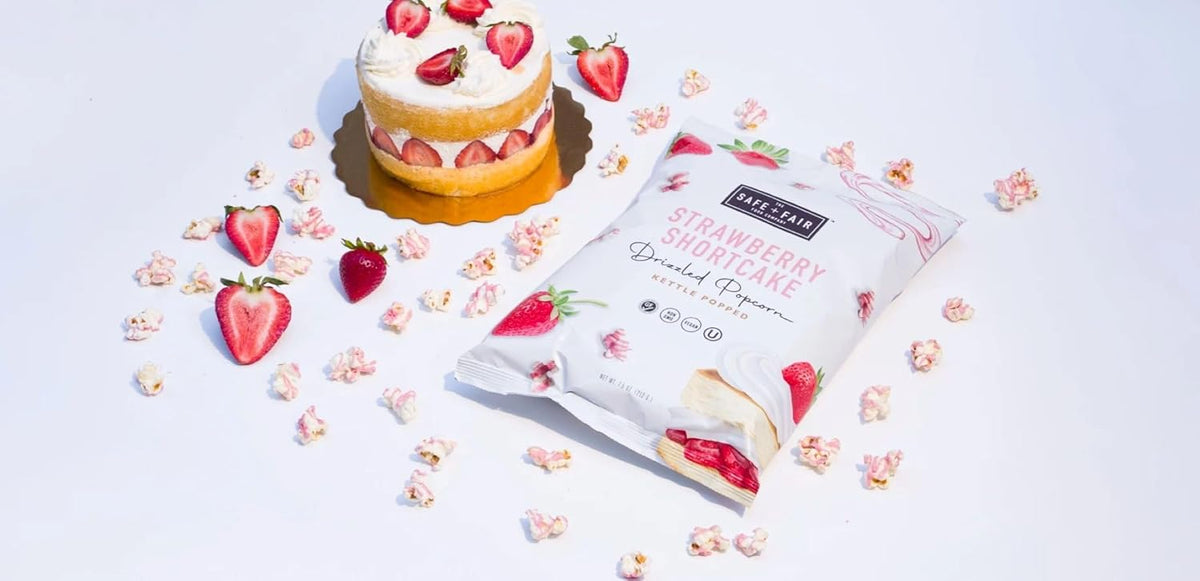 Safe + Fair Plant-Based Gourmet Strawberry Flavored Popcorn - Strawberry Shortcake Drizzled Kettle Corn Popcorn - Non-GMO + Gluten-Free Snacks 5.5oz,6 Pack