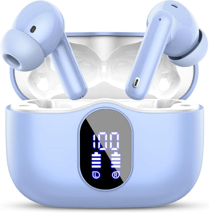 Wireless Earbuds, Bluetooth 5.4 Headphones Bass Stereo, Ear Buds with Noise Cancelling Mic, IP7 Waterproof in Ear Earphones, 36H LED Display Bluetooth Earbuds for Laptop Pad Phones Sports, Pale Blue