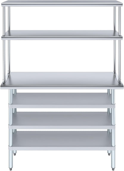 Amgood 14" x 48" Stainless Steel Work Table with 3 Shelves and 12" Wide Double Tier Overshelf | Metal Kitchen Prep Table & Shelving Combo | NSF