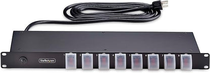 StarTech 8-Outlet 1U Switched PDU, 15A, TAA, 125V (8NS8-RACK-MOUNT-PDU) | Horizontal rack mount power strip, Outlet on/off switches, 15A breaker, 8ft/2.4m cord, NEMA 5-15, Illuminated rockers