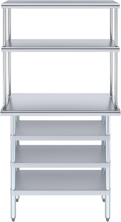 Amgood 14" x 36" Stainless Steel Work Table with 3 Shelves and 12" Wide Double Tier Overshelf | Metal Kitchen Prep Table & Shelving Combo | NSF