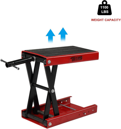TUFFIOM 1100LBS Motorcycle Scissor Lift Jack，Height Adjustable with Rubber Top Surface & Safety Pin, Foldable Motorcycle Center Stand for Dirt Bike ATV, Red