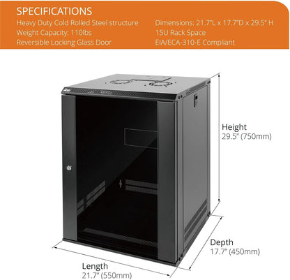 Tecmojo 15U Wall Mount Rack Network Cabinet for 19" IT Equipment,with Lockable Glass Door and Side Panels,Cooling Fan,17.7inch Depth,Black (15U)