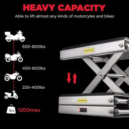 CXRCY 1200 LBS Motorcycle Lift Scissor Jack Stainless Steel Finish Upgraded Dirt Bike ATV Steel Motorcycle Hoist Stand with Ratchet Wrench,Crank Handle,Thickened Rubber Pad,Wide Deck