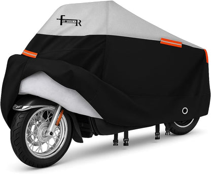 Motorcycle Cover Waterproof Outdoor with Cotton Lining, All Weather Protection from Rain, Dust & Snow - 300D Heavy Duty, Lock Holes, Storage Bag, Universal Fits up to 108" Motorcycles - MC2