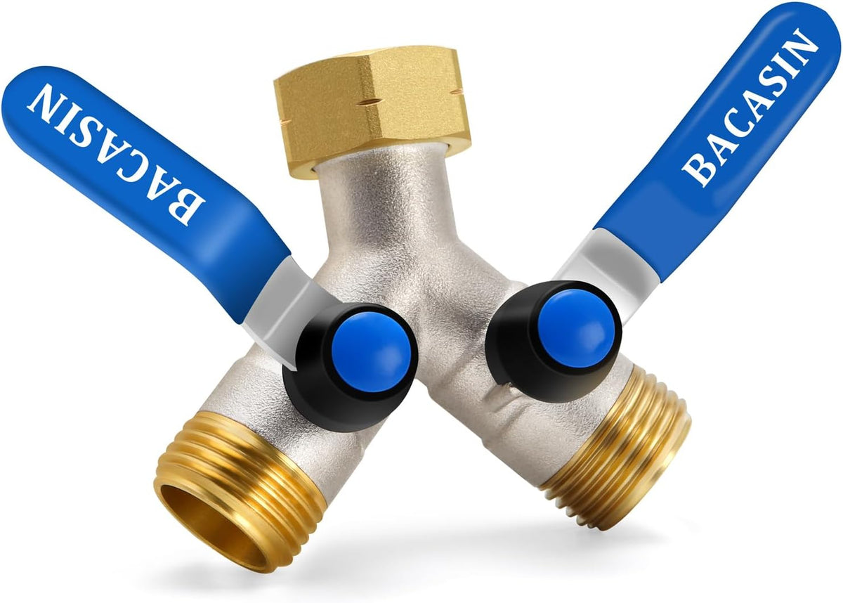 Brass Garden Hose Splitter, Garden Hose Splitter 2 Way Heavy Duty, With 2 304 Stainless Steel Extension Handles, 2-Way Y-Valve 3/4” GHT Threads (Increase Flow Style)