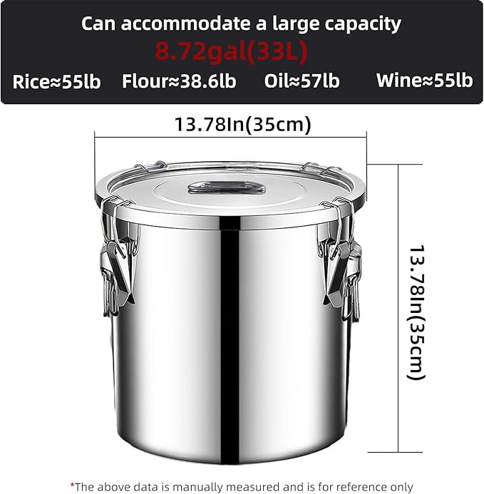 304 stainless steel food storage containers with lids lock clips airtight container large airtight for rice flour sugar grain coffee bean storage containers Kitchen jar (8.72gal/33L)