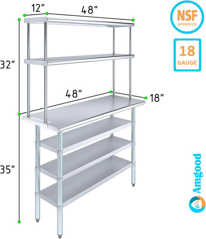Amgood 18" x 48" Stainless Steel Work Table with 3 Shelves and 12" Wide Double Tier Overshelf | Metal Kitchen Prep Table & Shelving Combo | NSF