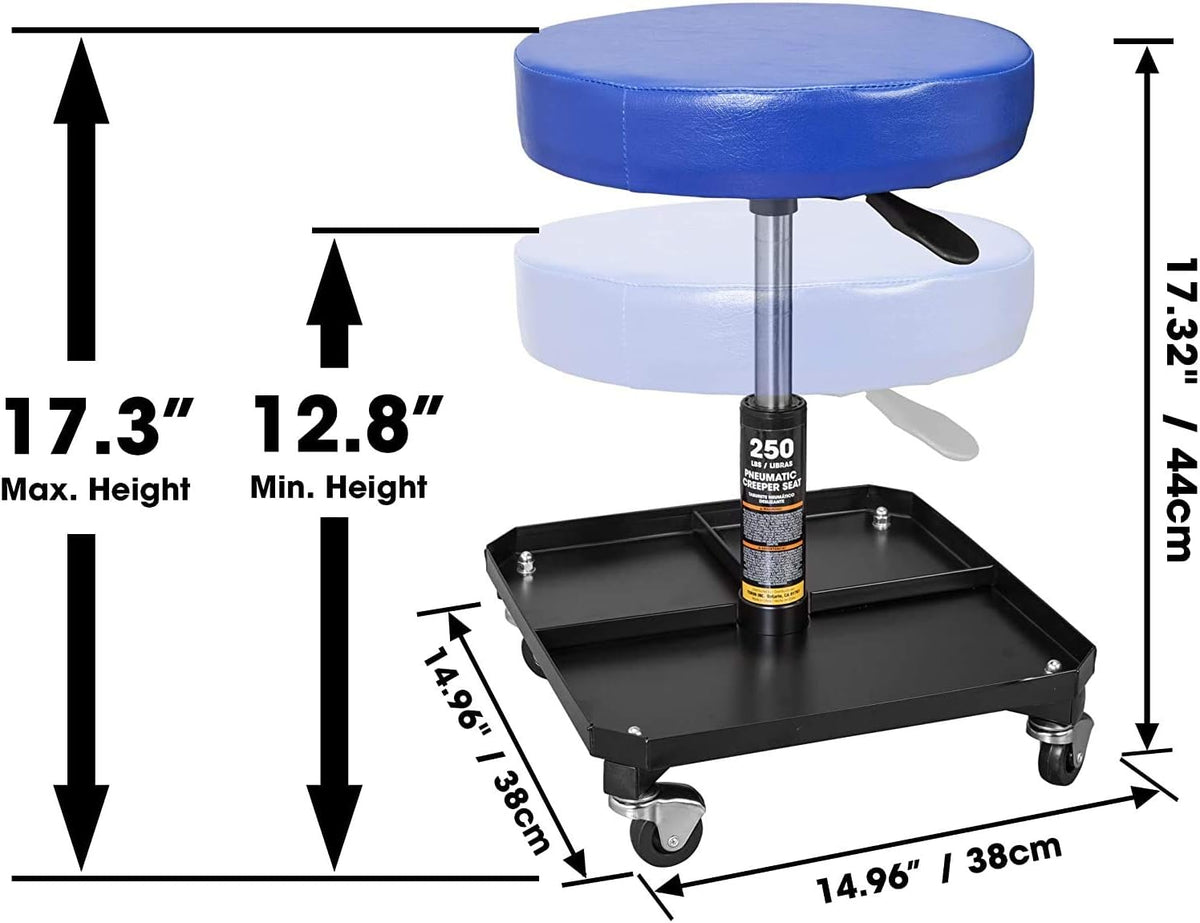 TCE ATR6350U Torin Rolling Pneumatic Creeper Garage/Shop Seat: Padded Adjustable Mechanic Stool with Tool Tray Storage, Blue