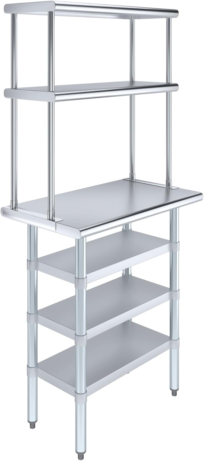 Amgood 18" x 30" Stainless Steel Work Table with 3 Shelves and 12" Wide Double Tier Overshelf | Metal Kitchen Prep Table & Shelving Combo | NSF