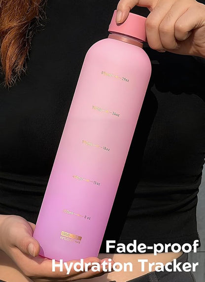 Opard Slim Water Bottle 32oz, Dishwasher Safe Plastic Water Bottle BPA-Free, Leakproof Screw Top, Sunset Pink Purple, Reusable for Travel School Sport Gym Hiking