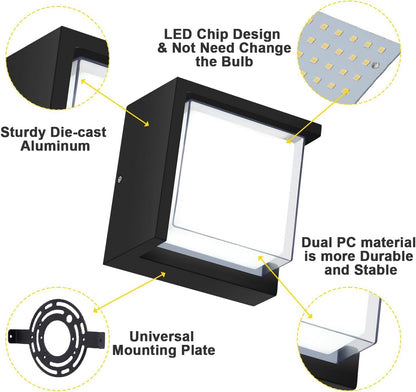 Outdoor Wall Light, 6000K Daylight Small Anti Rust Exterior Wall Lighting Fixtures, Black Square Wall Mount 12W LED Porch Lights for House with Waterproof for Front Porch, Garage, Patio