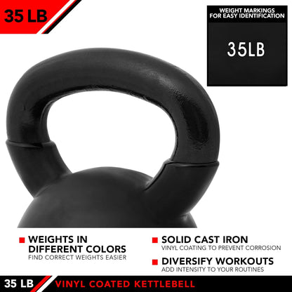 JFIT Kettlebell Weights Vinyl Coated Iron - 12 Size Options, 5lbs-50lbs - Coated for Floor and Equipment Protection, Noise Reduction, Ballistic, Core, Weight Training