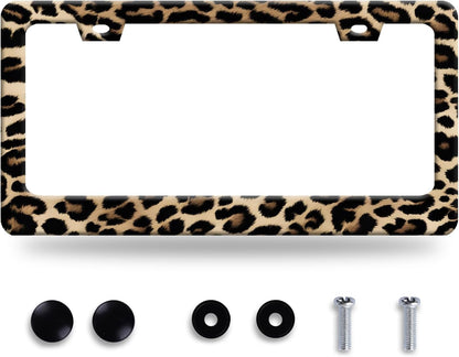 Leopard License Plate Frame Cheetah Leopard Brown License Plate Stainless Steel Funny License Plate Holder Animal Car Accessories with Screws Car Decoration 12.3" x 6.3" Fits Standard Vehicles Size
