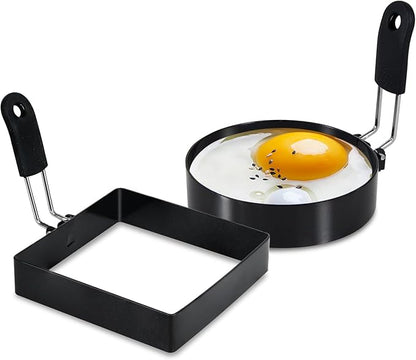 2-Pack Round+Square Egg Rings Set with Silicone Handle, Stainless Steel Egg Cooking Rings，Nonstick，For Frying Eggs and English Muffins Pancake, Egg Mold Shaper For Breakfast