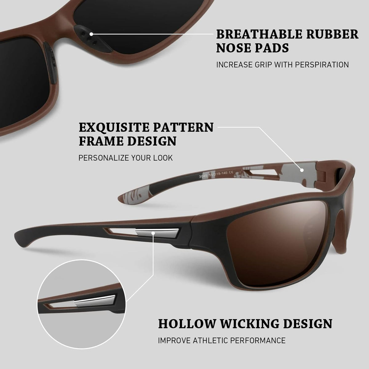 Polarized Sports Sunglasses for Men Women,Fishing Driving Rectangular Goggles UV400 Protection