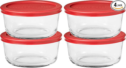 Anchor Hocking SnugFitTM Round Food Storage Containers with Lids (4-Piece, 4-cup, Red, oven-safe)