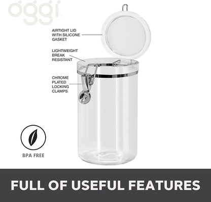Oggi Large Clear Canister with Clamp Lid, 72 oz - Large Airtight Food Storage Container, for Kitchen & Pantry Storage of Bulk, Dry Foods, Pasta, Flour, Sugar, Coffee, Rice, Tea, Spices & Herbs