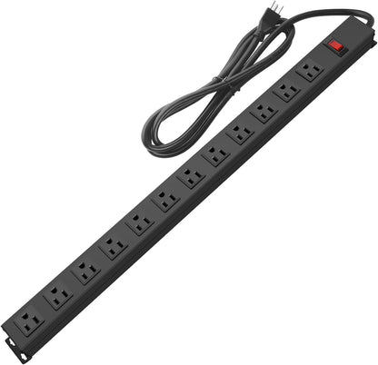 HHSOET Aluminum Wall Mount Power Strip - 12 AC Outlets, 15 FT Cord, 15A 125V Switch